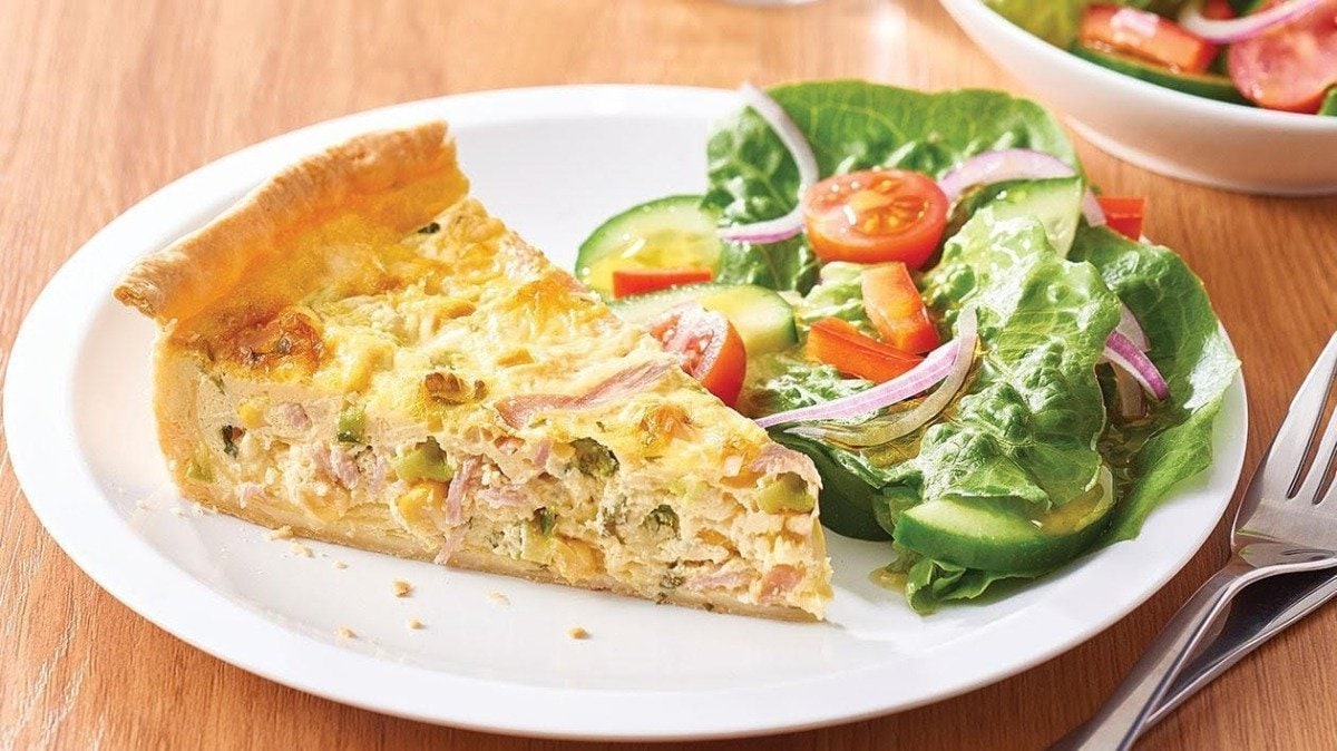 Spring Ham, Asparagus and Shiitake Quiche with Tomato and Green Onion Hollandaise – - Recipe
