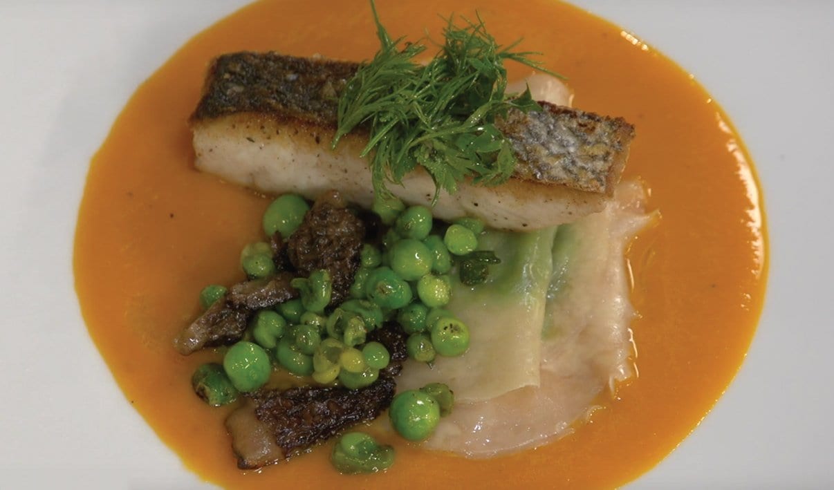Sea Bass with Sweet Pea Ravioli, Carrot and Ginger Sauce – - Recipe