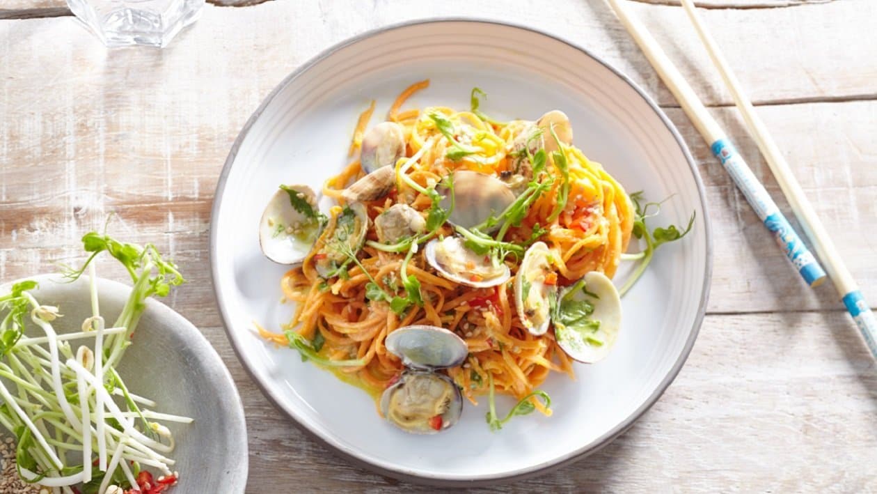 Sweet Potato Noodles with Clams and Creamy Turmeric Sauce – recipe