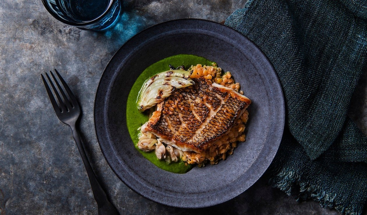 Black Sea Bass with Charred Fennel, Red Lentils and Citrus Ocean Broth – - Recipe