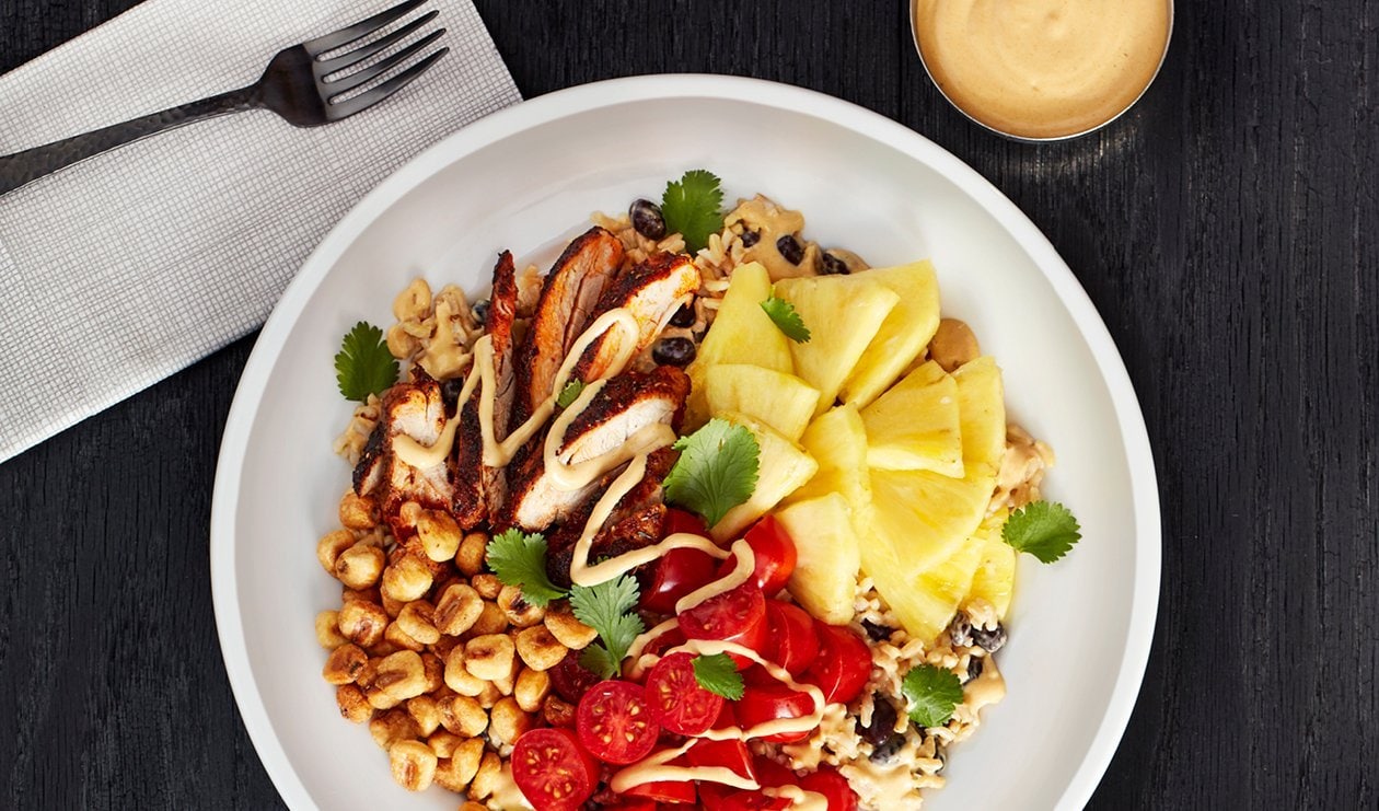 Blackened Chicken, Black Bean and Pickled Pineapple Bowl with Aji Amarillo Ranch Dressing – - Recipe