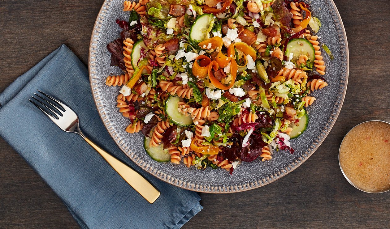 Red Lentil Pasta Bowl with Lemony Roasted Brussels Sprouts – - Recipe