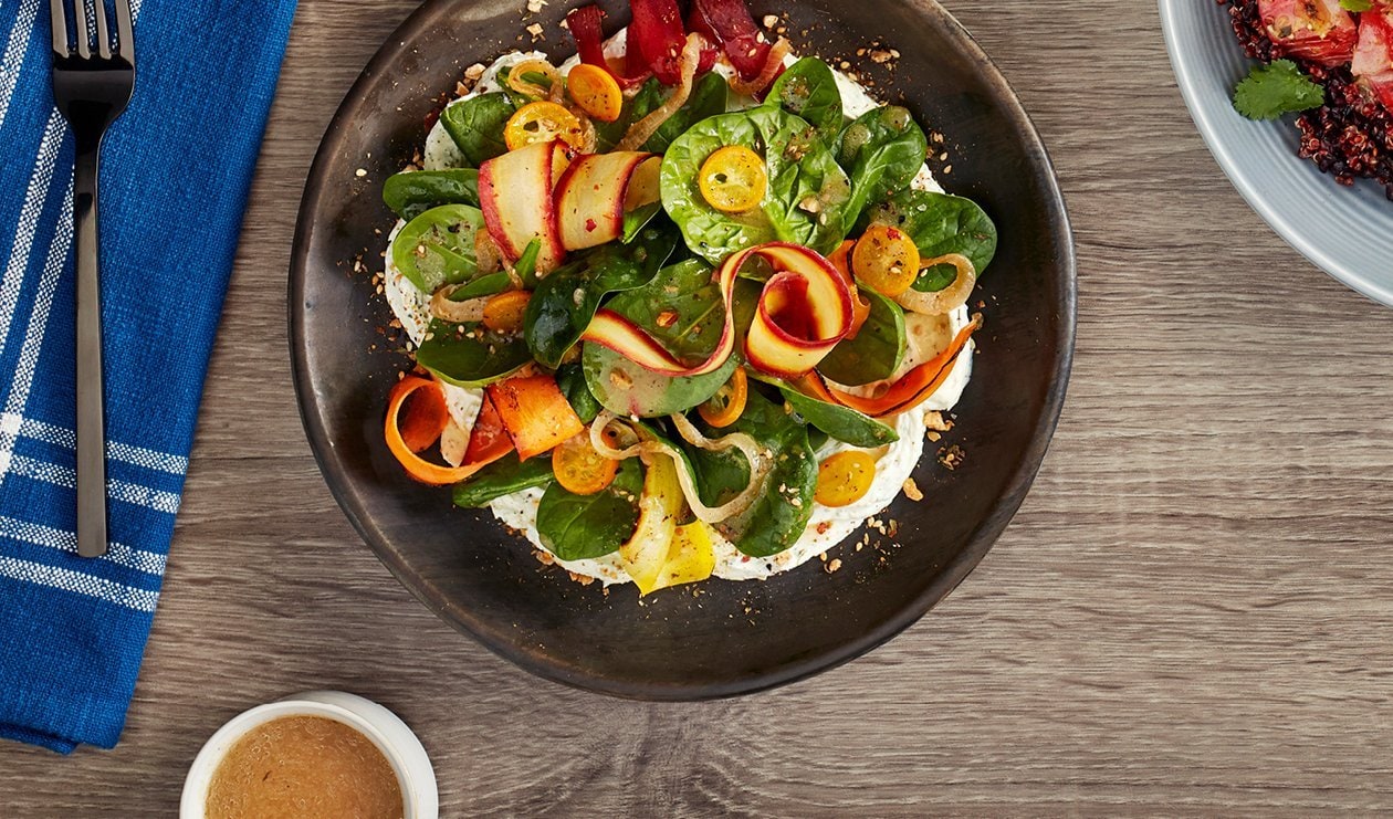 Charred Carrot, Pickled Kumquat and Dukkah Salad with Carrot Top Goat Cheese Cream – - Recipe