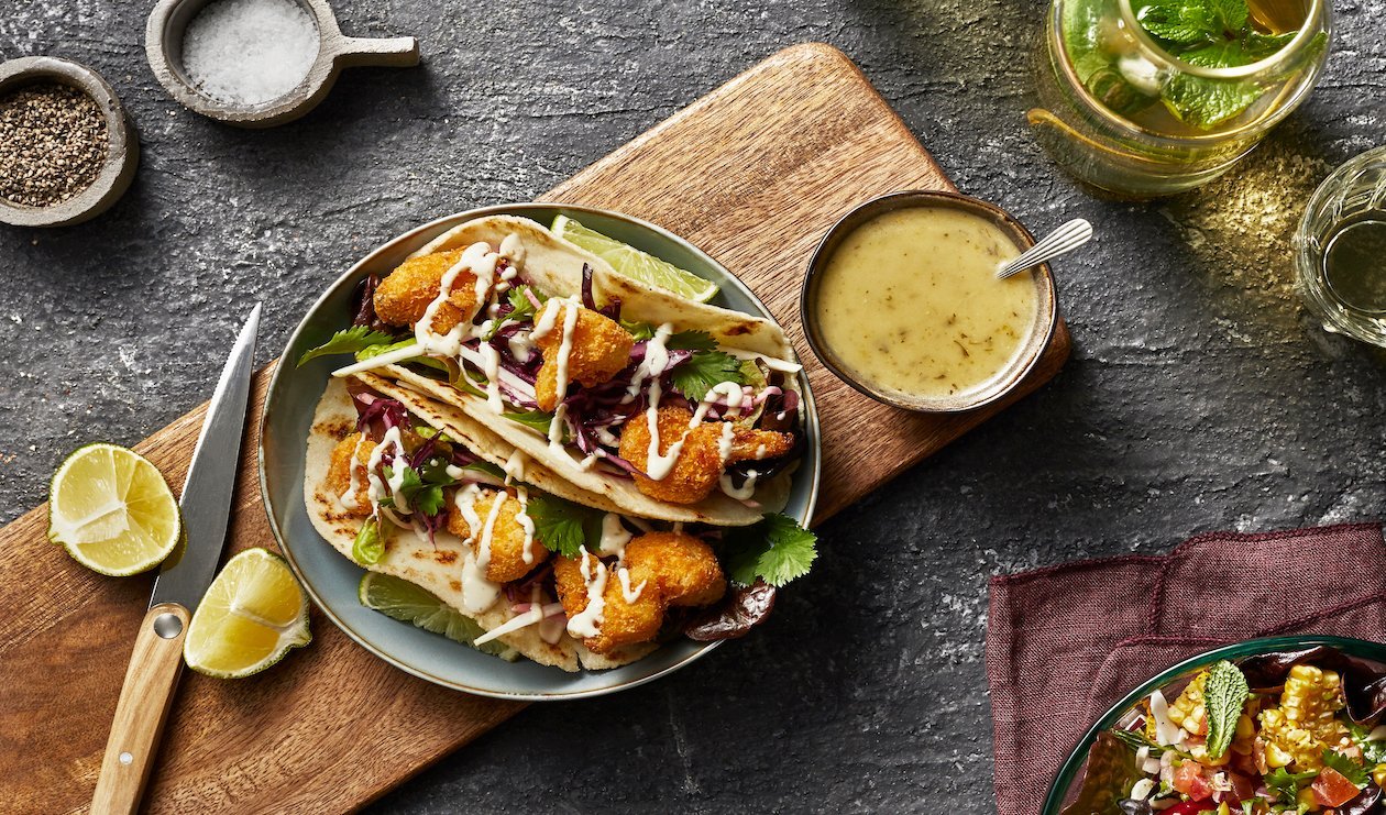 Fried Cauliflower Tacos with Green Mango Slaw and Spicy Hatch Chile Mayonnaise – recipe