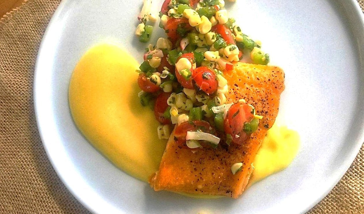 Seared Artic Char with Roasted Garlic Hollandaise and Citrus Spring Corn Salad – - Recipe