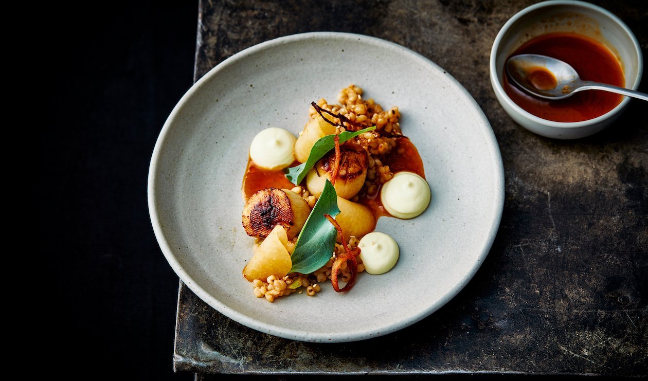 Szechuan Peppered Salt Scallops with Barley, Parsnip Puree and Kohlrabi – - Recipe Szechuan Peppered Salt Scallops with Barley, Parsnip Puree and Kohlrabi – - Recipe