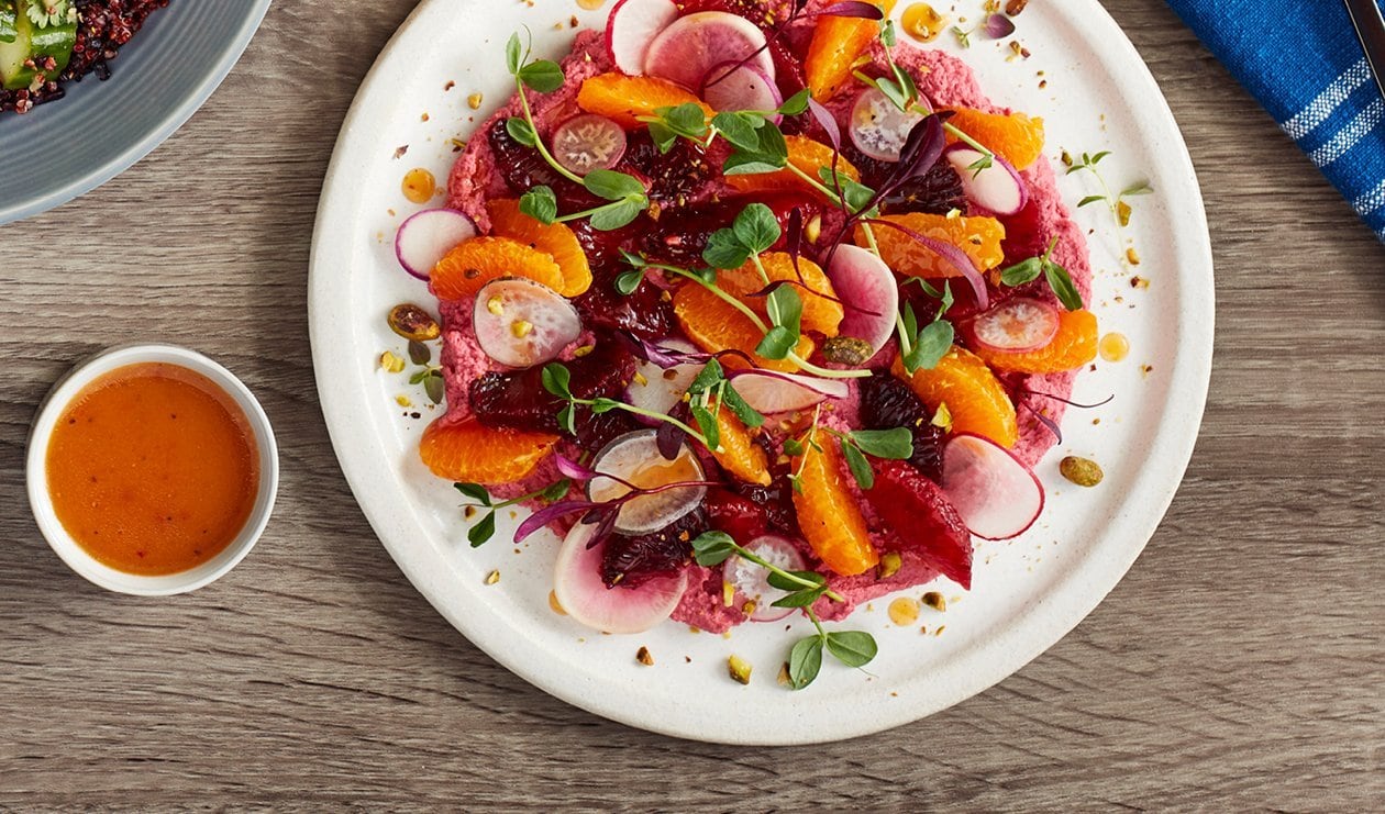 Roasted Beet Hummus, Mixed Radish and Citrus Salad with Pistachios – - Recipe