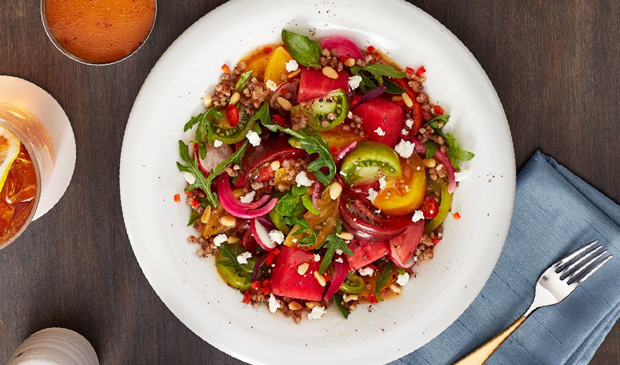 Sweet and Smoky Heirloom Tomato and Watermelon Salad with Pickled Red Onion and Ricotta Salata – - Recipe