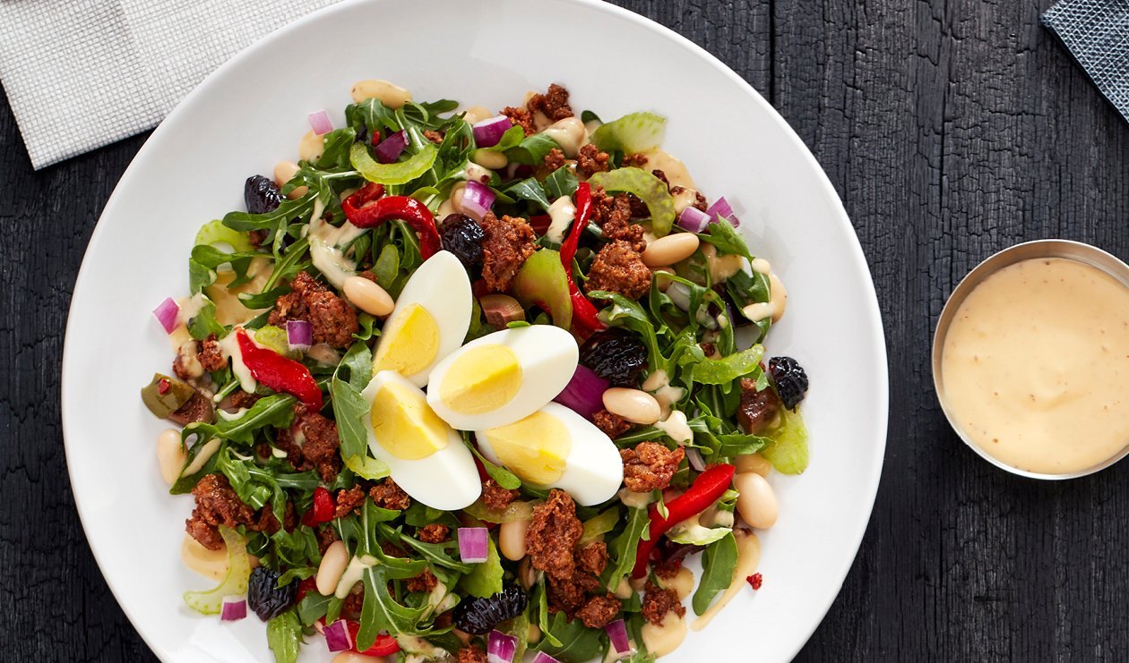 Chorizo, White Bean and Oil Cured Olive Chopped Salad with Smoky Honey Mustard Dressing – - Recipe Chorizo, White Bean and Oil Cured Olive Chopped Salad with Smoky Honey Mustard Dressing – - Recipe