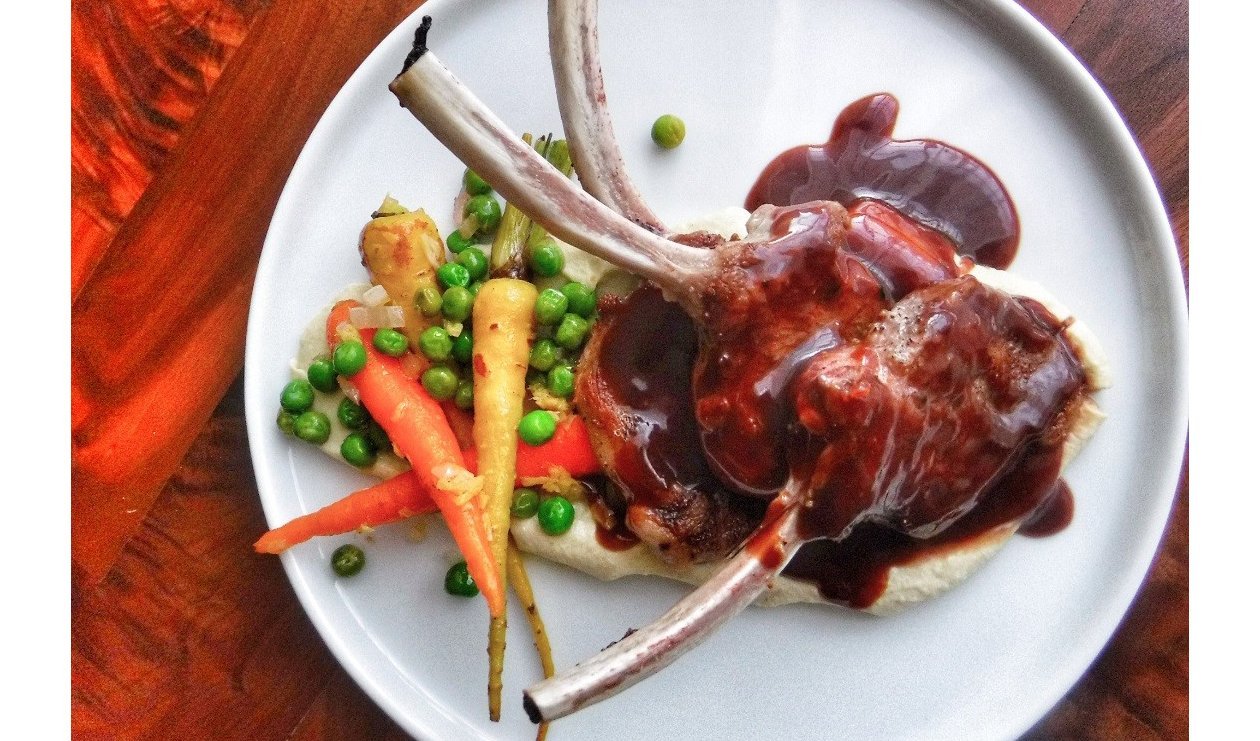 Seared Lamb Chops with Green Cauliflower Puree and Pomegranate Demi