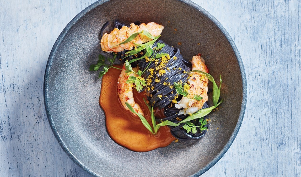 Pasta with Langoustine, Vegetable Sauce and Grated Cured Egg – - Recipe