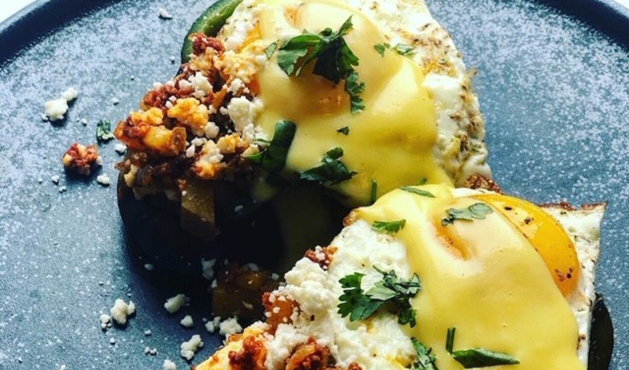 Chorizo and Potato Hash Stuffed Poblanos with Fried Eggs and Hollandaise – - Recipe Chorizo and Potato Hash Stuffed Poblanos with Fried Eggs and Hollandaise – - Recipe