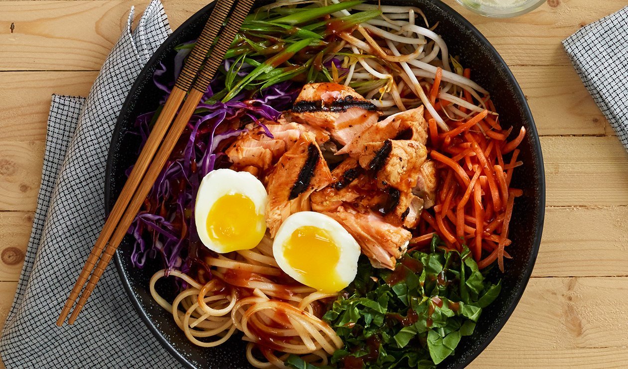 Korean Noodle Salad with Spicy Grilled Salmon – recipe