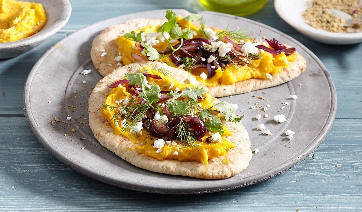 Flatbread with Pumpkin Hummus, Za’atar and Onion Confit – - Recipe