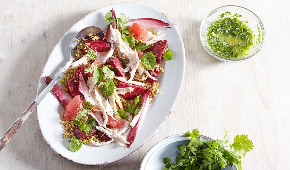 Freekeh, Pulled Chicken, Beets and Grapefruit Salad – - Recipe
