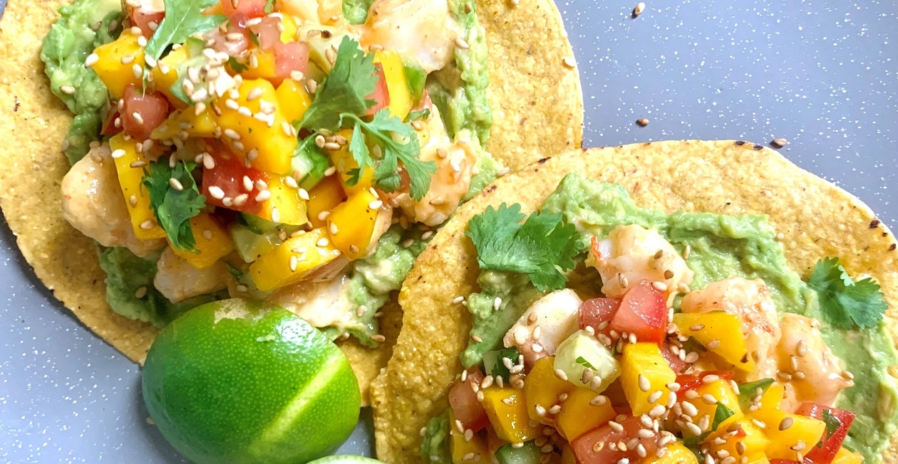 Bang Bang Sesame Shrimp Tostadas with Mango Salsa – - Recipe