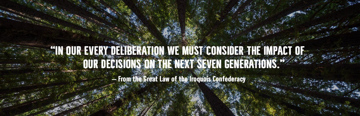 Ground-level look from a forest bed with quote from the Great Law of the Iroquois Confederacy: “In our every deliberation we must consider the impact of our decisions on the next seven generations.” Ground-level look from a forest bed with quote from the Great Law of the Iroquois Confederacy: “In our every deliberation we must consider the impact of our decisions on the next seven generations.”
