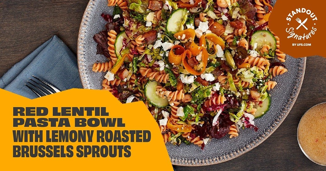 Red Lentil Pasta Bowl with Lemony Roasted Brussels Sprouts