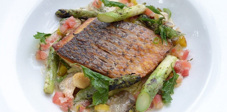 Chef Drew Deckman’s Striped Sea Bass with Asparagus
