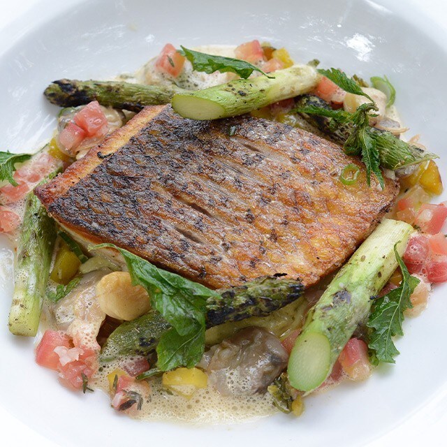 Chef Drew Deckman’s Striped Sea Bass with Asparagus  Chef Drew Deckman’s Striped Sea Bass with Asparagus