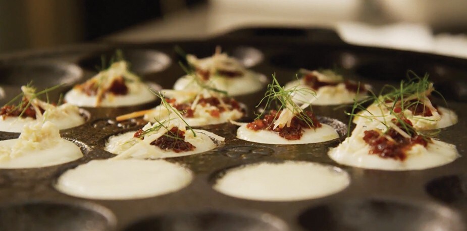 Coconut Hotcakes with Chicken, Chili Jam, Shredded Ginger and Kaffir Lime