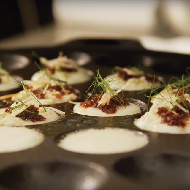 Coconut Hotcakes with Chicken, Chili Jam, Shredded Ginger and Kaffir Lime Coconut Hotcakes with Chicken, Chili Jam, Shredded Ginger and Kaffir Lime
