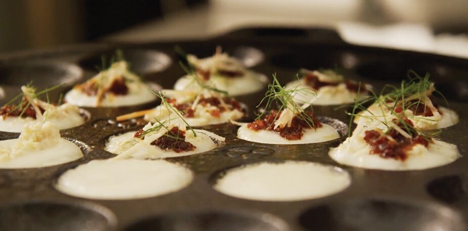 Coconut Hotcakes with Chicken, Chili Jam, Shredded Ginger and Kaffir Lime