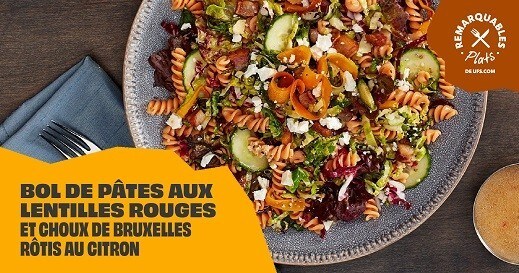 Red Lentil Pasta Bowl with Lemony Roasted Brussels Sprouts